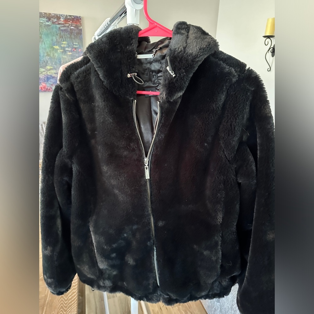 Faux fur coat with hood
